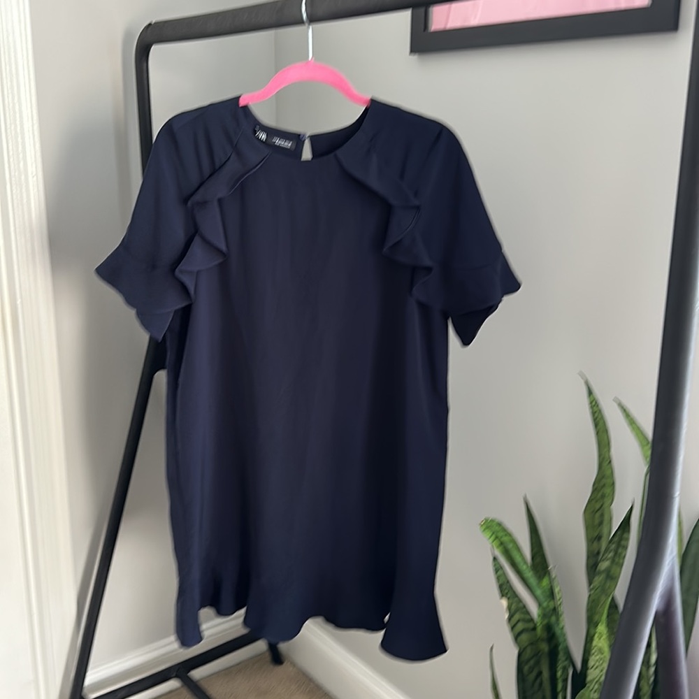 Zara Navy Blue Ruffle Shift Mini Dress Size Medium Office Workwear Dress